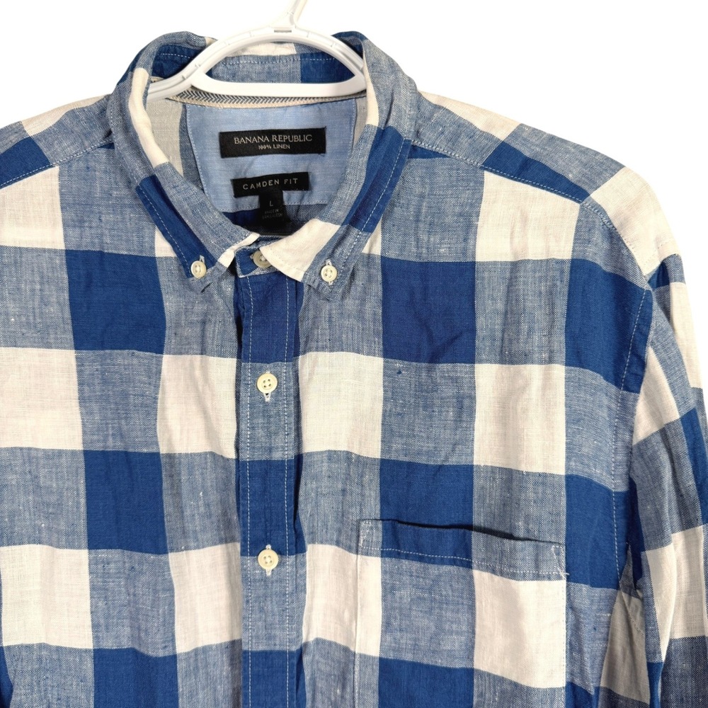 Banana Republic Camden Fit 100% Linen Shirt Button Down Mens L Blue Check L/S